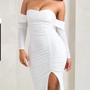 WHITE DRAPED LONG SLEEVE MAXI DRESS